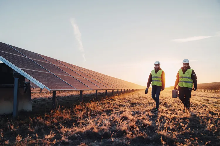 Två installatörer som går framför markmonterade solpaneler