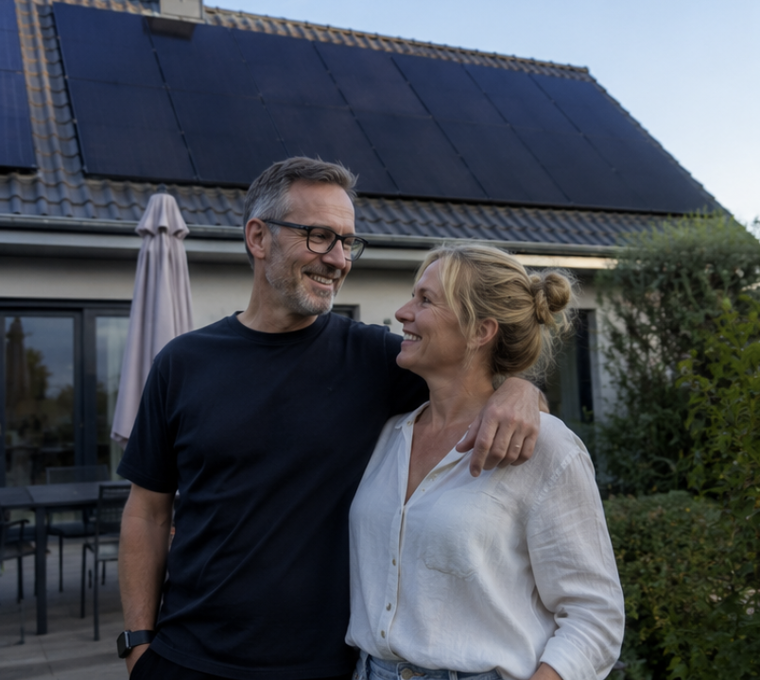 Paar vor Einfamilienhaus mit Photovoltaikanlage auf dem Dach – eigener Solarstrom für ein nachhaltiges Zuhause