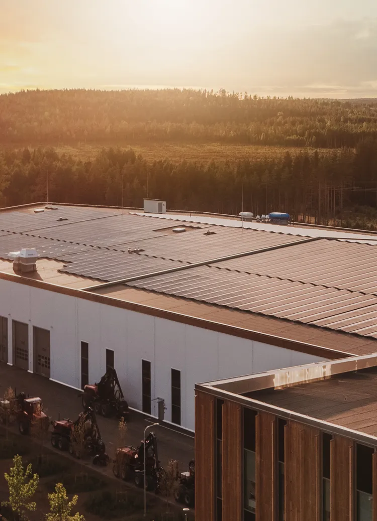 Große Photovoltaikanlage auf Industriedach im Sonnenuntergang – nachhaltige Solarenergie für Unternehmen