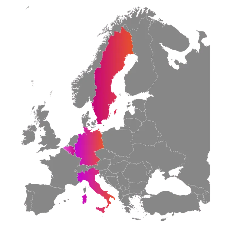 Europa-Karte mit hervorgehobenen Svea Solar Standorten in Schweden, Belgien, Deutschland und Italien für Solarangebote Europa
