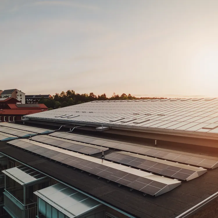 Photovoltaikanlage auf Gewerbedach im Sonnenlicht – nachhaltige Solarstromproduktion für Unternehmen