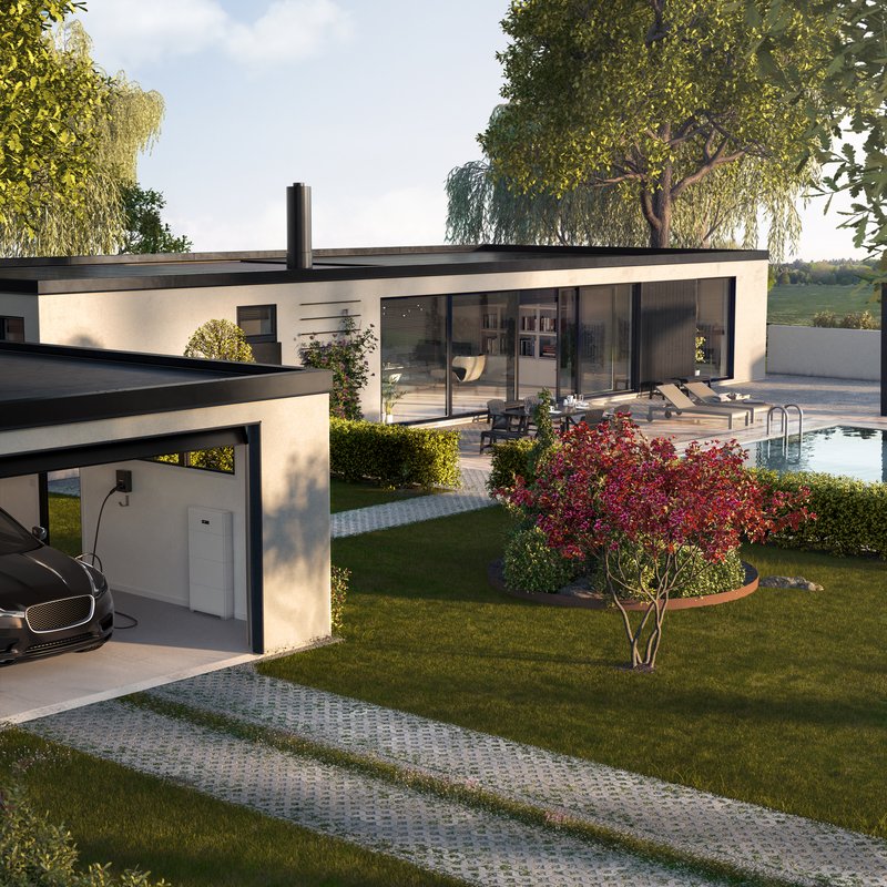 Eine PV-Komplettanlage mit Stromspeicher und Ladestation von Svea Solar. Auch mit Stromspeicher mit Back-Uplösung verfürgbar.