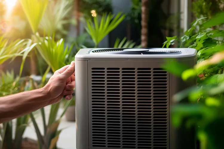Hand stellt Wärmepumpe im Garten ein – energieeffizientes Heizen mit erneuerbarer Energie für das Eigenheim